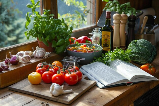 Książki kucharskie i świeże warzywa
